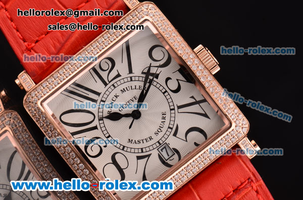 Franck Muller Master Square Swiss Quartz Rose Gold Case with White Dial Diamond bezel and Red Leather Strap - Click Image to Close